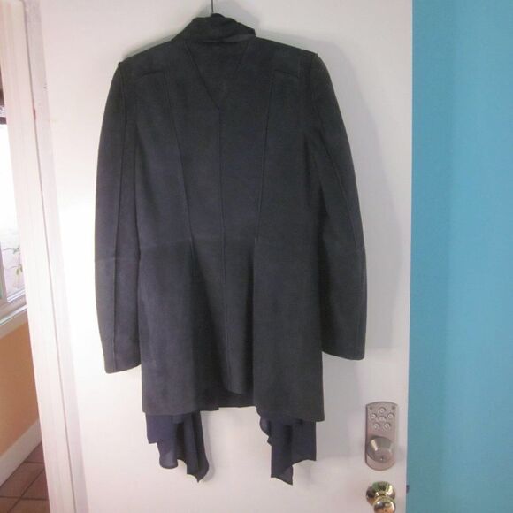 BCBG Womens Size S Navy Blue Leather Coat Draped Layered Waterfall Front Jacket - Picture 7 of 16